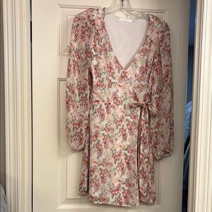 Lush Pink and Cream Wrap Dress with Long Sleeves